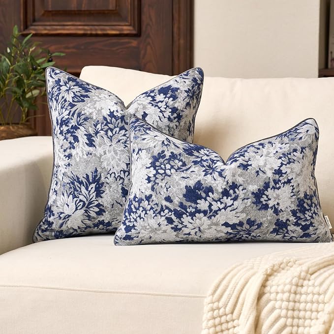 Neutral Floral Pillow Cover 18 x18 Inches, Vintage Chenille Square Throw Pillow Cover Soft Decorative Farmhouse Accent Couch Pillow Cover for Living Room Bedroom, Blue