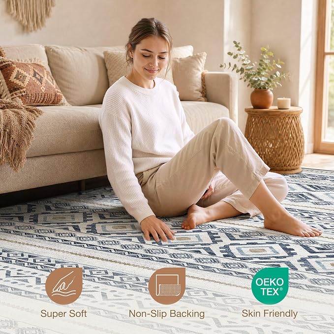 cotiled 10x12 Area Rugs Living Room Rug: Washable Boho Rugs with Non Slip Backing Large Soft Indoor Stain Resistant Carpet for Bedroom Farmhouse Dining Room Lightweight Home Decor Blue
