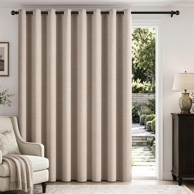 MIULEE Extra Wide 100% Blackout Curtains for Sliding Glass Doors Linen Textured W100 x L90 inch Panel Beige Thermal Insulated Grommet Room Darkening Drapes for Patio Living Room Bedroom, 1 Panel Set