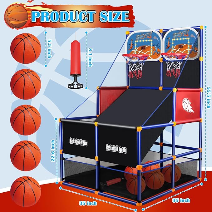 LED Arcade Basketball Game Set w/Electronic Scoreboard for Kids, Boy Toys Basketball Hoop with 4-5 Balls for 3-12 Years Old, Adjustable Height w/Pump & Storage Net for Indoor Outdoor Sports Play