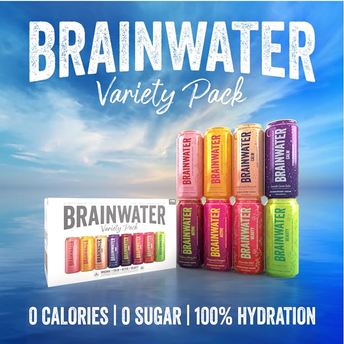 BrainJuice BrainWater Calm, Water for Clean Energy, Focus & Relaxation Support, Gluten Free, Zero Sugar Drinks with Ashwagandha, Alpha GPC, Vitamin C & B, Organic Green Tea, 8 Pack (Variety Pack)