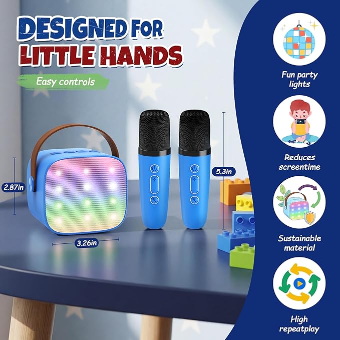 Mini Karaoke Machine for Kids Adults, Portable Bluetooth Speaker with 2 Wireless Microphones, Birthday Gifts Toys for Girls Boys Ages 3, 4, 5, 6, 7, 8, 9,10,11,12+ Years Old Toddler (Royal-Blue)