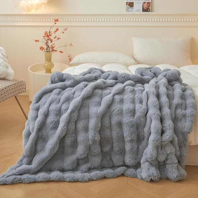 LIFEREVO Luxury Fluffy Faux Rabbit Fur Throw Blanket 50x60, Gray | Plush Shaggy Bubble Blanket for Bed Couch Sofa Office, Decorative Soft Cute Furry Lap Throw for Kids Teens Adults, Washable