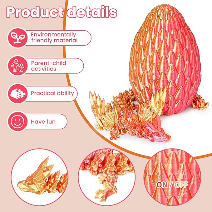 3D Printed Dragon Eggs with Articulated Fly Dragon Inside, Collectible Figurines Fidget Toy for Adults Kids Birthday Easter Christmas White Elephant Gifts for Friends Colleagues(Red Gold, L size)