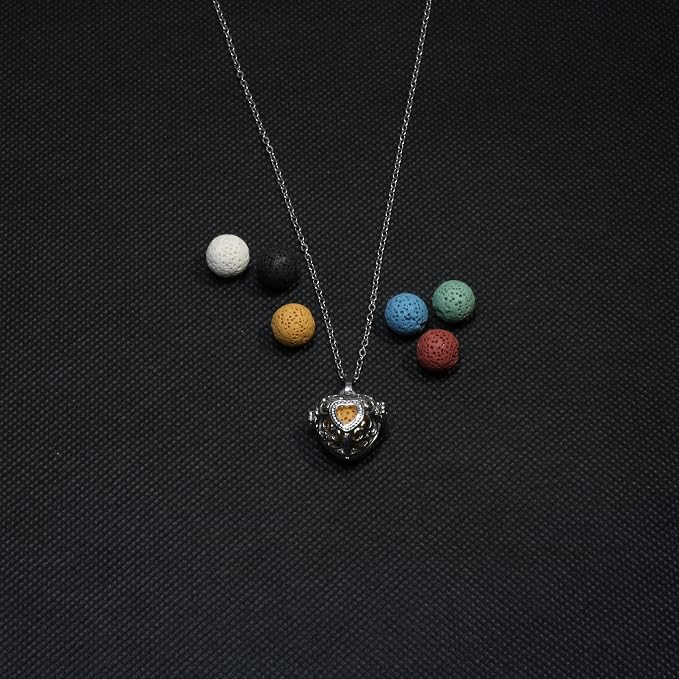 2PCS Essential Oil Diffuser Necklace Aromatherapy Lava Bead Stone Little Love Heart and Hollow Ball Locket Necklace Pendant with for Women