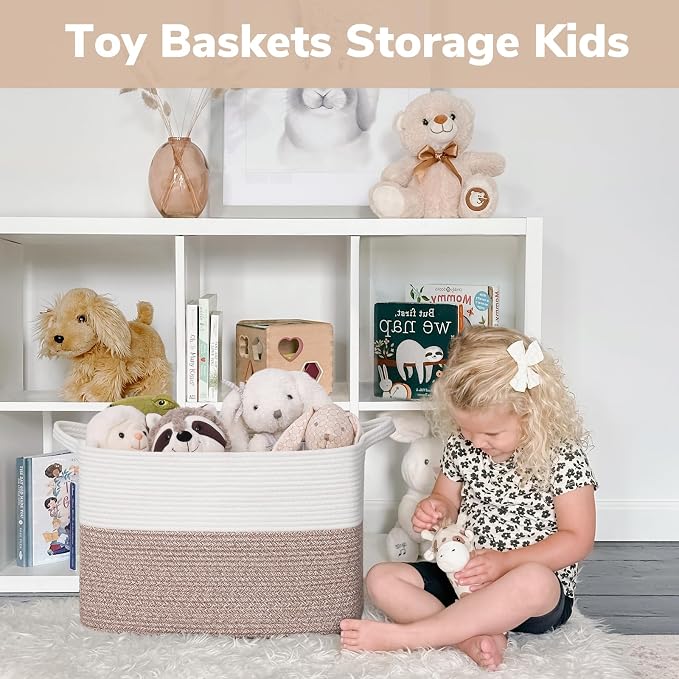 Goodpick 50L Large Woven Storage Basket, 18" x 14" x 12", Brown | Stylish Gift Basket for Home Decor, Cotton Rope Baskets for Toys & Clothes Storage, Living Room & Bedroom Organization