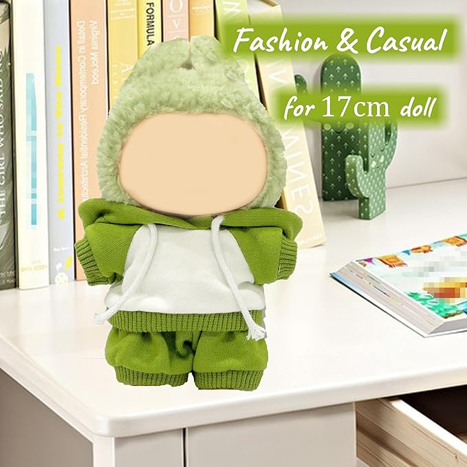 17cm Dolls Clothes,Casual Stylish Hoodies & Pants Doll Outfit Set, Stylish Doll Clothing Accessories for 17cm/15cm-Green(No Doll)