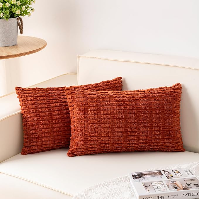 Aegero Pack of 2 Corduroy Decorative Throw Pillow Covers 12x24 Inch, Rust | Fall Soft Striped Pillow Covers Modern Farmhouse Home Decor Christmas Throw Pillow Covers for Sofa Living Room Couch Bed