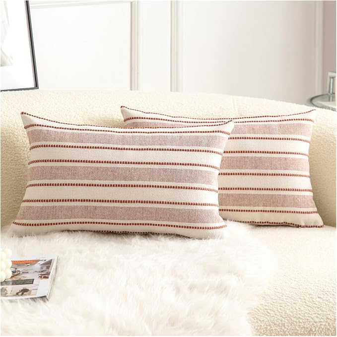 Cethom Decorative Boho Lumbar Throw Pillow Covers, Farmhouse Textured Pillow Case, 12 x 20 Inch Set of 2, Chair Sofa Bedroom Living Room Home Decor Couch Cushion Case, Rust and Beige Striped