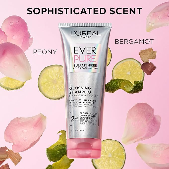 L'Oreal Paris Glossing Sulfate Free Shampoo with Glycolic Acid, Hair Care for Lasting Shine and Smoothness for Dull, Dry Hair, EverPure, 6.8 Fl Oz