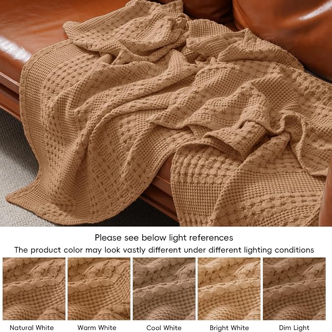 PHF 100% Cotton Waffle Weave Throw Blanket, Lightweight Breathable Summer Blanket for Couch Sofa, Pre-Washed Soft Throws for Bed, Office, Travel & Stylish Home Decor, 50"x60", Clay