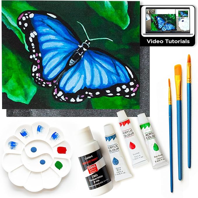 DIY Painting Class Kit for Adults with Video Tutorials: Learn to Paint Blue Butterfly – How to Paint with Acrylics – Ideal Mothers Day Gift – 9 Piece Acrylic Paint Set