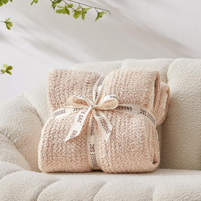 Snuggle Sac Heather Throw Blanket for Couch, Reversible Super Soft Blankets Warm Cozy Knit Fuzzy Plush Lightweight for Sofa, Bed, Camping, Picnic (Heather Beige, Throw(50"x60"))