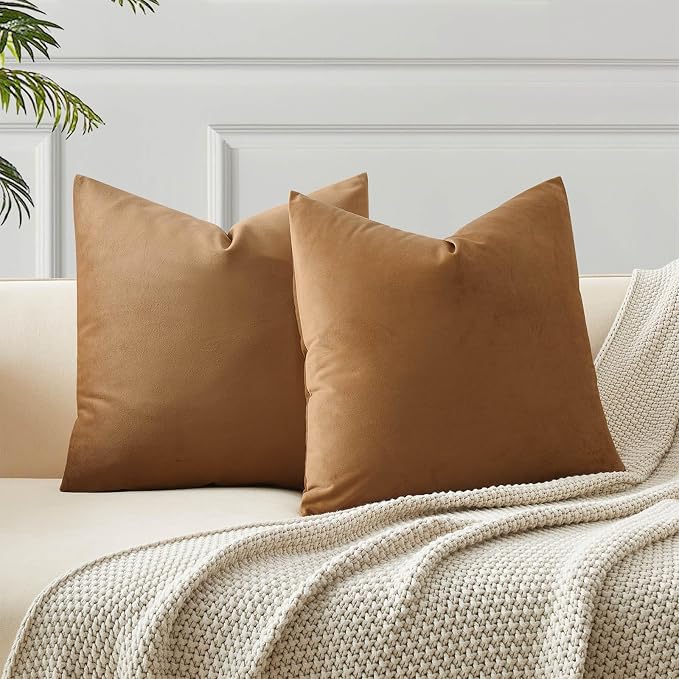 Light Brown 18x18 Velvet Throw Pillow Covers Set of 2 for Couch Bed Sofa | Decorative Soft Cushion Covers with Invisible Zipper for Modern Living Room Bedroom Home Decor