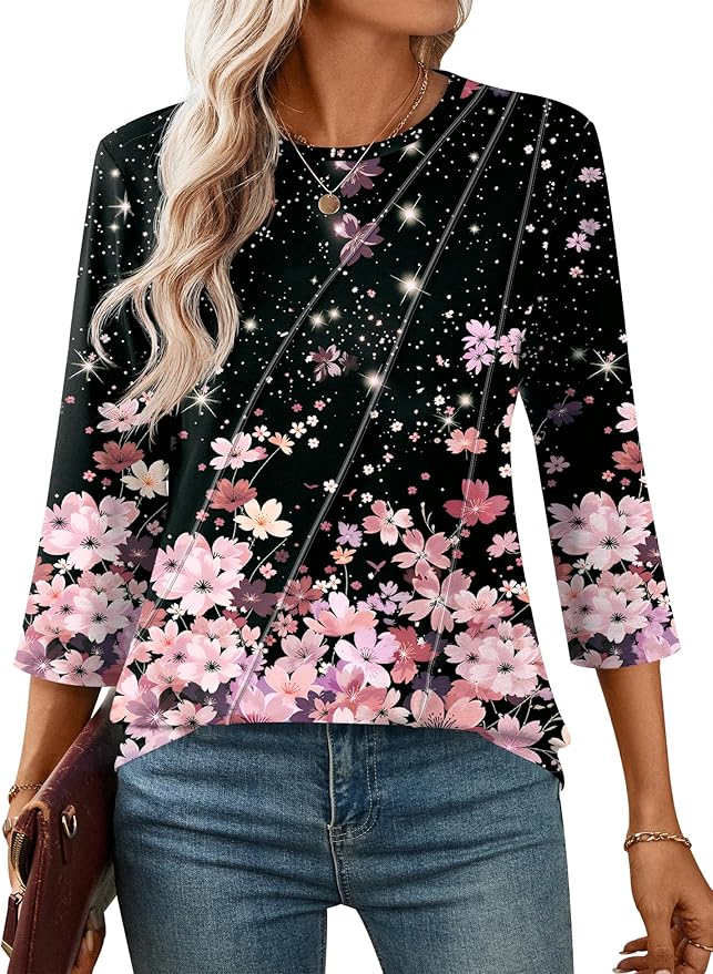 LOMON 3/4 Length Sleeve Womens Tops Spring Summer Fashion 2026 Tops Crew Neck Pleated Shirts Tunic Top Loose Fit