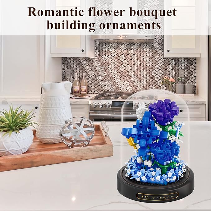 Roses Flower Bouquet Set,Mini Bricks Botanical Collection Flowers Building Blocks,Artificial Plant Bonsai Tree Friend Set,New Year Valentines Birthday Gift for Mom Girls Women Adults(Blue)