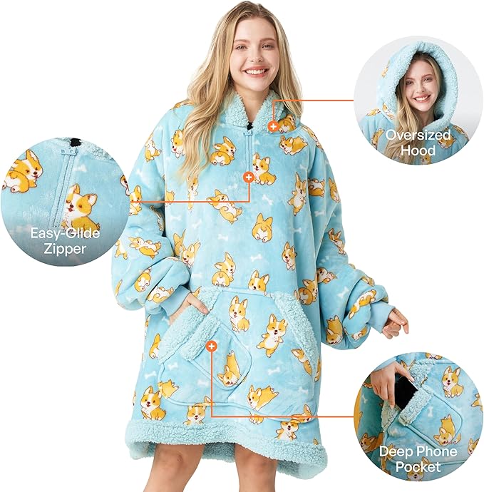 Giggling Getup Wearable Blanket Hoodie for Adults Gifts for Teen Girls Sister Women Sherpa Fleece Printed Hooded Blanket Sweatshirt Warm Cozy with Pocket & Sleeves Blue Corgi