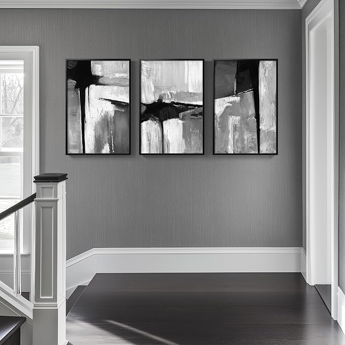 Framed Black and White Gray Modern Abstract Wall Art, Set of 3 Piece Big Canvas Paintings Artwork for Walls, Minimalist Art Prints Pictures for Living Room Hallway Bedroom Office Wall Decor 16x24 Inch