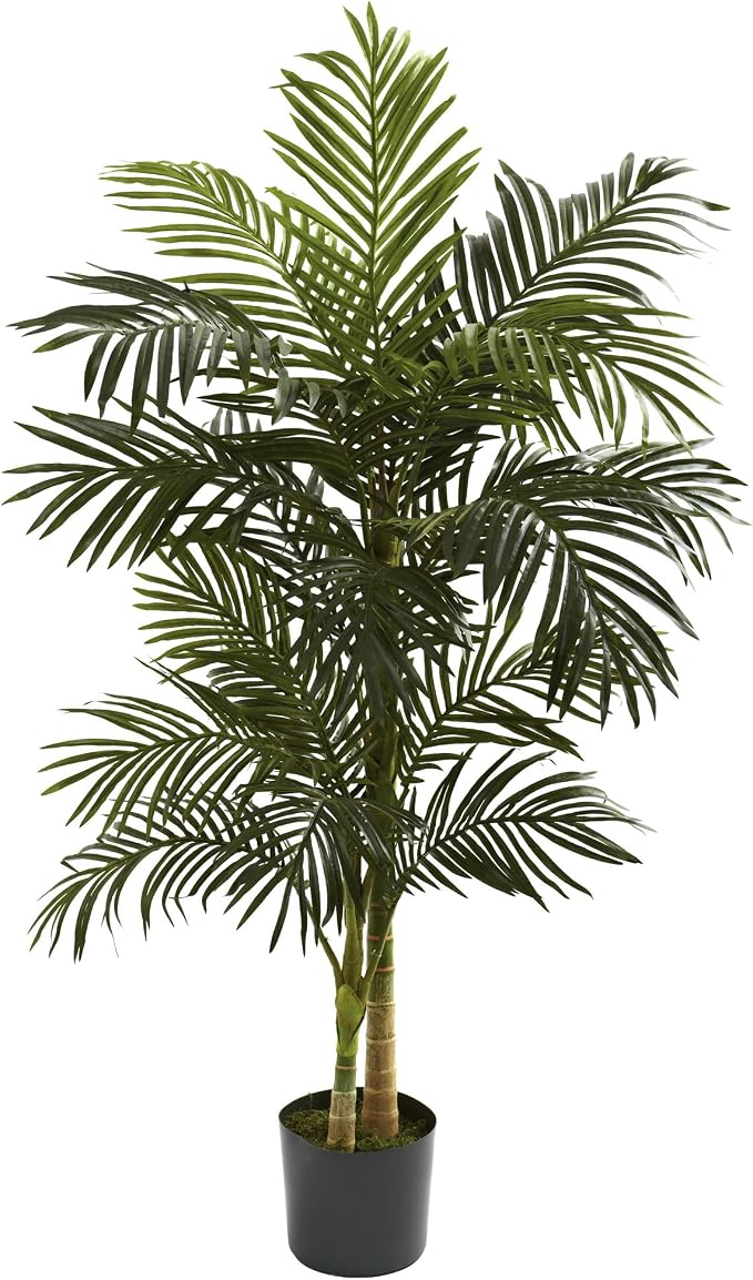 Nearly Natural 5 ft Artificial Golden Cane Palm Tree with Nursery Pot | Double-Stalk Faux Tropical Plant, Indoor Living Room Decor, Easy-Setup, Low-Maintenance