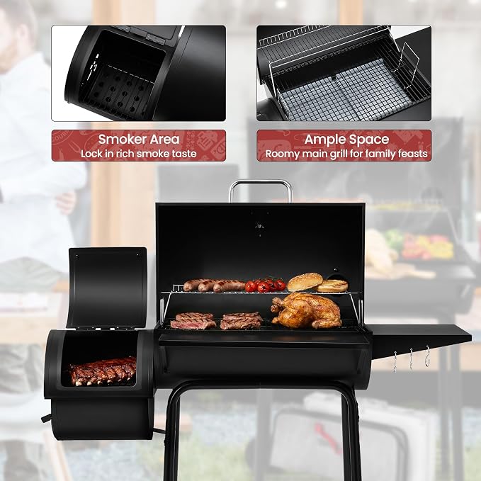 Royal Gourmet CC1830S BBQ Charcoal Grill and Offset Smoker | 823 Square Inch cooking surface, Outdoor for Camping | Black | 823 Square Inch cooking surface, Outdoor for Camping | Black