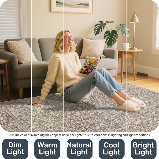 Extra Large 10x14 Area Rug for Living Room, Washable Rugs for Dining Room, Bedroom, Non Slip Stain Resistant Carpet, Low Pile Vintage Floral Rug (Moss)