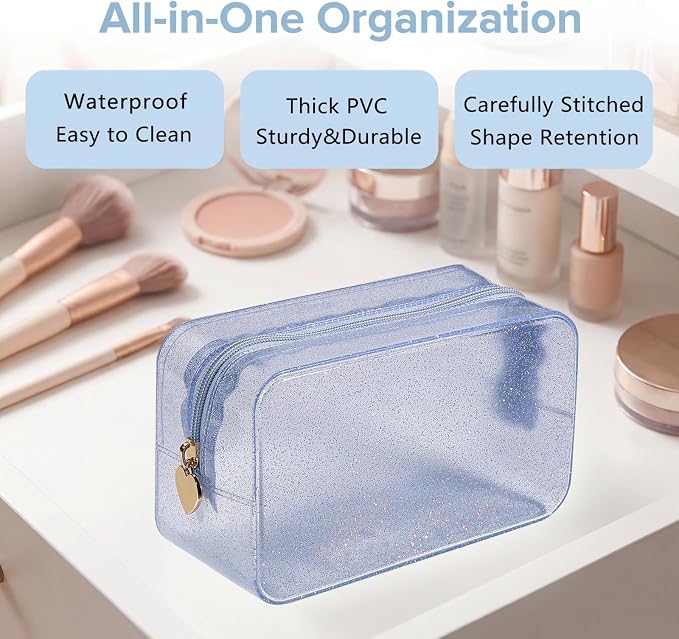 RSRSLEII Stardust Twinkle Jelly Travel Makeup & Toiletry Bag, Waterproof PVC Cosmetic Bag/Case for Women，Zipper SPF Beach Bag for Sunscreen Skincare and Daily Essentials (08Silver)