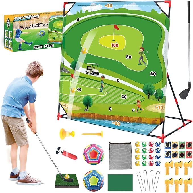 Golf Game Play Set for Kids, Golf Chipping Games with Sticky Golf Balls Darts Soccer Balls & Bean Bags, Fun Outdoor Lawn Beach Backyard Party Activities for Teens Adults