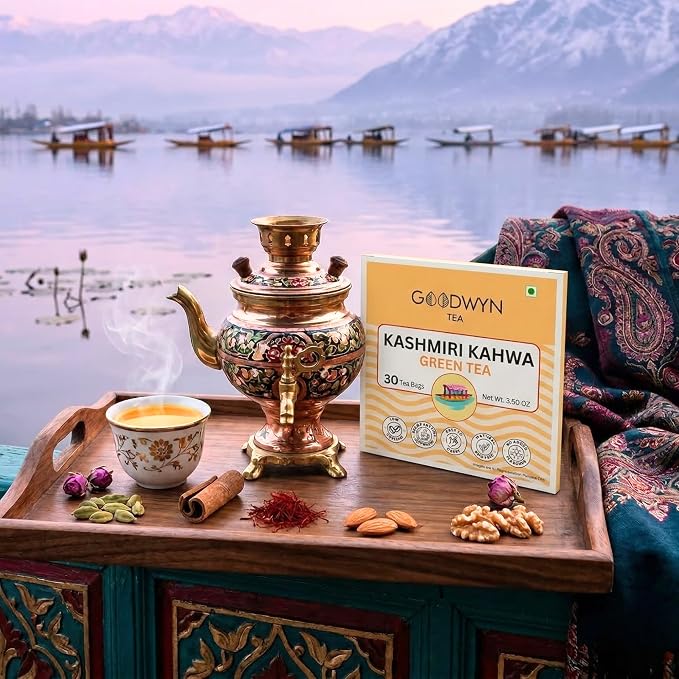 Goodwyn Kashmiri Kahwa Green Tea, 60 Tea Bags | Saffron, Almonds & Spices | Natural Low Caffeine Blend | Plastic Free Bags