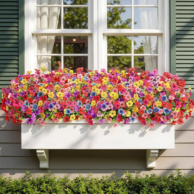Alupssuc 48 Bundles Artificial Daisy Flowers UV Resistant for Outdoor Decor | Silk & Plastic, Spring Faux Plants Greenery, Bendable Stems, for Porch Patio Hanging Window Planter Yard Outside, 6 Colors