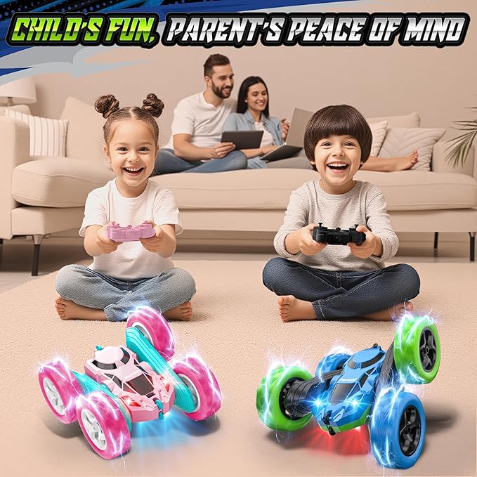 Upgraded RC Car for Kids, 360° Rotating Double Sided Stunt Vehicle with Headlights, 2.4GHz 4WD Remote Control Car, USB-C Rechargeable Electric Toy for Boys & Girls (Blue-Green)