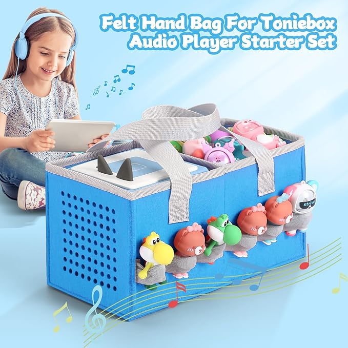 Carrying case for Toniebox Audio Player and Figurines Starter Set,Felt Organizer Bag,Travel for toniebox 2 Earphone and charger accessories portable bag (Blue)