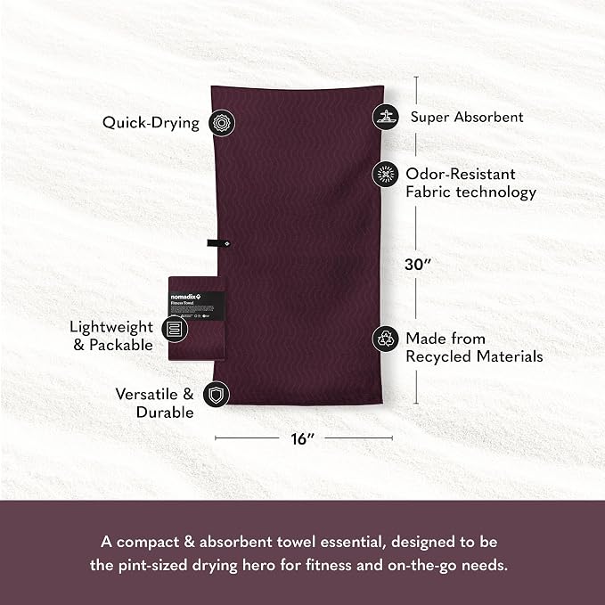 Nomadix Fitness Towel- Microterry Quick-Dry Gym & Yoga Sweat Towel, Odor-Resistant, Ultra Absorbent, Sand & Pet Hair-Resistant, Recycled Material, 30″×16″- Regenerative Black- Regenerative Burgundy
