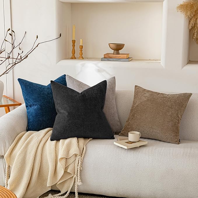 a moment Pack of 2 Decorative Chenille Throw Pillow Covers with Twill Cushion Covers for Sofa Living Room Couch Bed 24x24 Inch Black