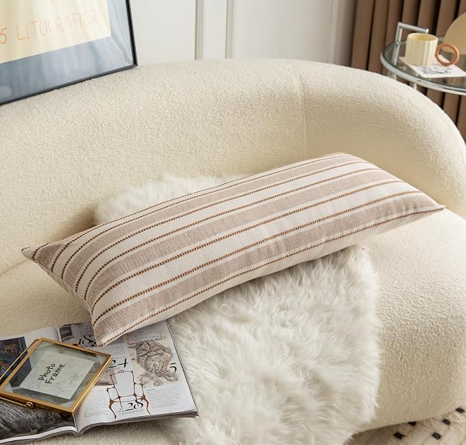 Cethom Decorative Boho Lumbar Pillow Covers, Modern Farmhouse Couch Pillowcase, 14 x 36 Long Accent Body Throw Pillow Covers, Sofa Bed Living Room Decor Cushion Case, Brown and Beige, Pack of 1