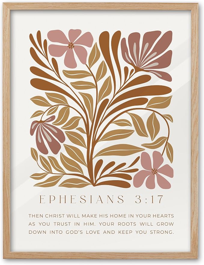 EcoHest 16x20 in Ephesians 3:17 Abstract Floral Framed Christian Wall Art | Solid Oak Wood Frame with Canvas Wall Art, Scripture Bible Verse Wall Decor for Bedroom, Living Room, Office, Church, 1Pack
