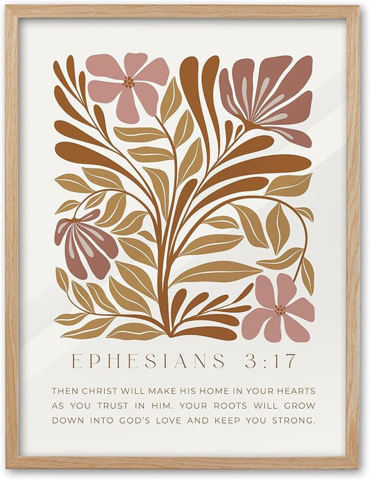 EcoHest 16x20 in Ephesians 3:17 Abstract Floral Framed Christian Wall Art | Solid Oak Wood Frame with Canvas Wall Art, Scripture Bible Verse Wall Decor for Bedroom, Living Room, Office, Church, 1Pack