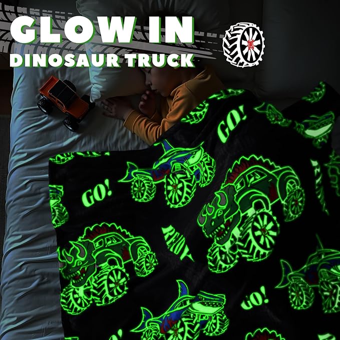 BORORO Dinosaur Truck Toys Glow in The Dark Truck Blanket for Boys Shark Throw Blanket Construction Excavator Birthday Gifts for Kids