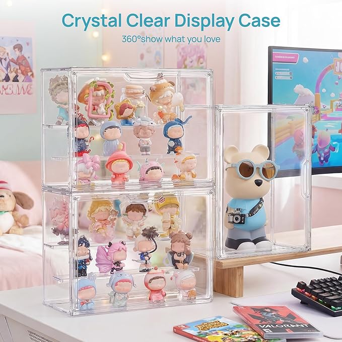 Vtopmart 2 Pack Acrylic Display Case, Stackable Figure Display Case with Magnetic Door & Adjustable Shelves, Clear Collectibles Showcase for Action Figures, Miniatures, Models