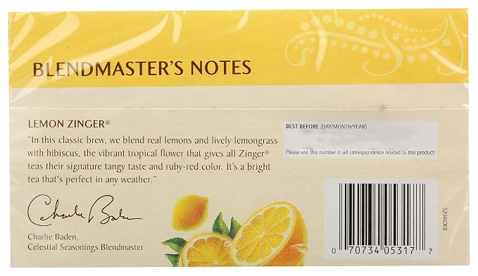 Celestial Seasonings Lemon Zinger Herbal Tea Box, Caffeine Free, 20 Tea Bags (Pack of 2)