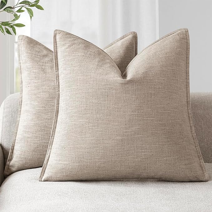 Foindtower Set of 2, Decorative Linen Solid Throw Pillow Covers Soft Accent Cushion Euro Case Boho Farmhouse Pillowcase for Chair Couch Sofa Bedroom Living Room Home Decor 22 x 22 Inch Natural Linen