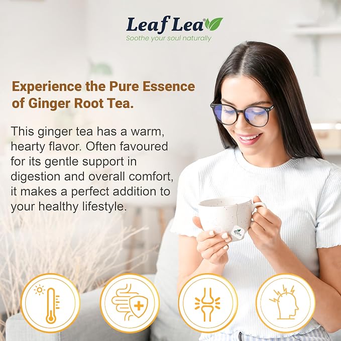 LeafLea Ginger Tea Bags, Pure Ginger Root Herbal Tea, 40 Count | Strong & Spicy Single-Ingredient Brew, Individually Foil-Wrapped For Freshness, Caffeine-Free, Sugar-Free, Vegan