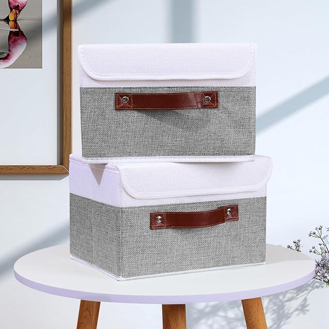ANMINY Fabric Storage Box Bins with Lids, Gray White, 10"x8"x7", 2 Pack | Keepsake Memory Storage, Cotton Linen, PP Board Reinforced, Washable, PU Handles, Foldable & Stackable, Decorative, Small