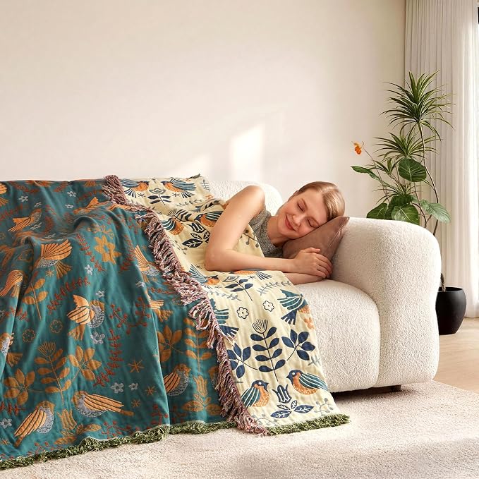 LUTBM Queen Throw Blanket for Bed, 100% Cotton Boho Soft Quilt Room Decor | Reversible Floral Bird Jacquard, 90"x90" All-Season Bedspread, For Chair Sofa Couch Bedroom, Lightweight Breathable Gauze