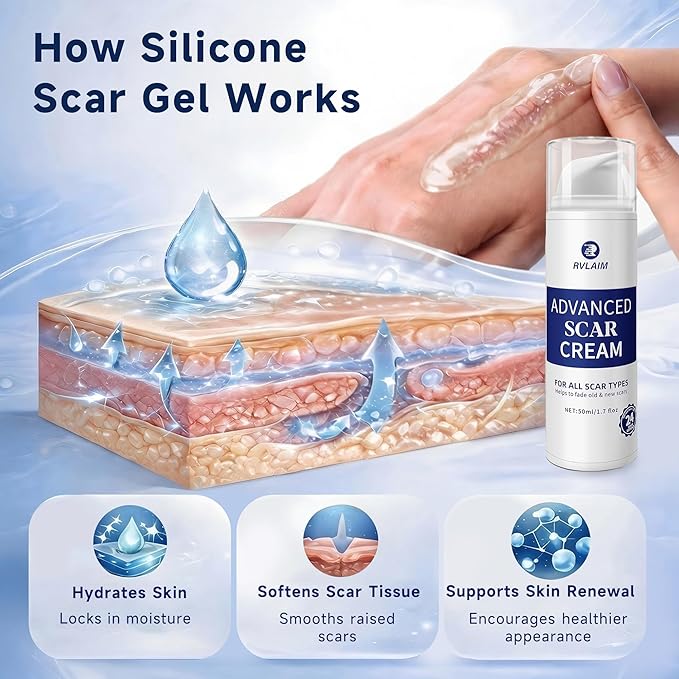 Rvlaim Silicone Scar Cream Scar Gel, Advanced Scar Removal Cream for Surgical Scars, Acne Marks, Stretch Marks, Keloids, C-Section, Burns, Old and New Scars, 1.7 fl oz