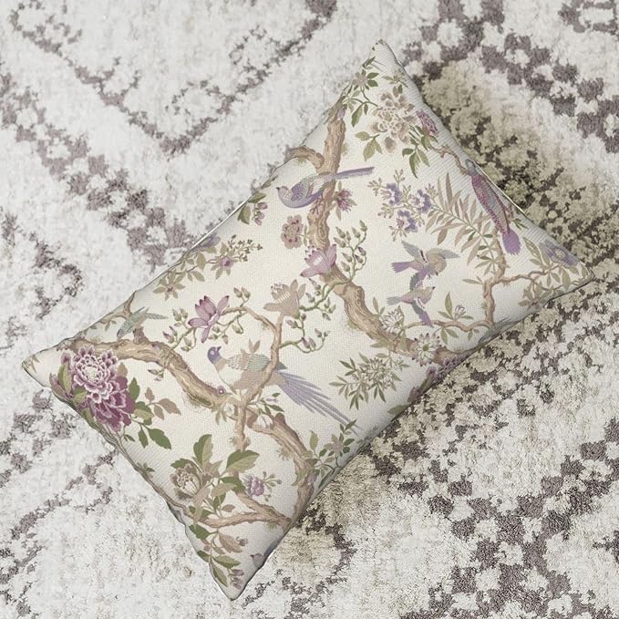 Chinoiserie Pillow Covers 12x20 Inch Set of 2 Purple Green Floral Bird Throw Pillows Vintage Flowers Bird Decorative Pillow Cases Outdoor Lumbar Decor Farmhouse Cushion Cases for Couch Sofa