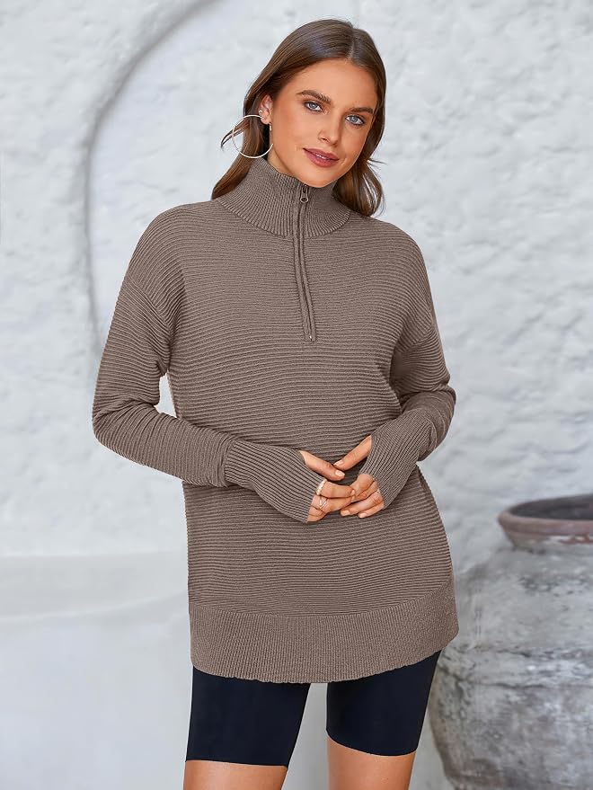 PRETTYGARDEN Womens Long Sleeve Quarter Zip Pullover Sweater Casual Loose V Neck Collared Ribbed Knit Jumper Tops Thumb Hole