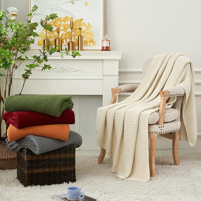 Chunky Cable Knit Throw Blanket Lightweight Burgundy 100% Organic Cotton Blanket for Sofa Couch Bed Baby Nursery, Rustic Shabby Chic Modern Farmhouse, 51” x 63” Give Laundering Bag