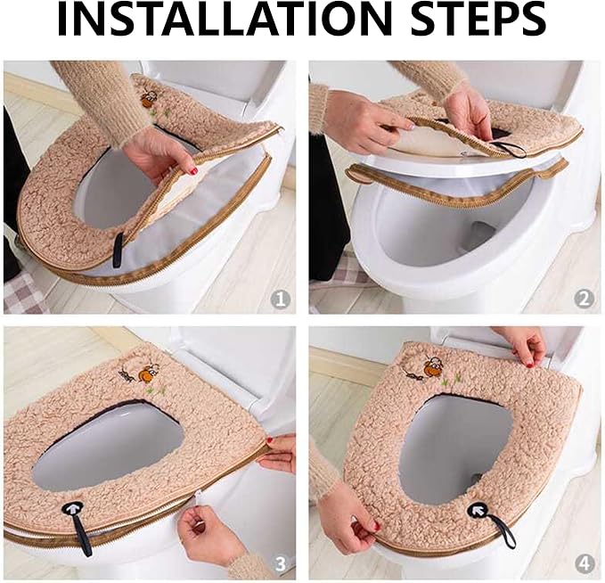 Warm Plush Toilet Seat Cover:Thicken Toilet Seat Pad with Hanging Loop and Zipper, Bathroom Soft Toilet Seat Covers Washable Cushion (Brown)