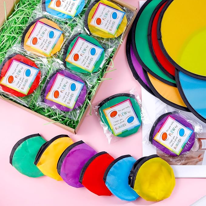 End of the Year Gifts for Students Bulk Foldable Flying Disc Fans Set with Stickers Bags, End of Year Student Gifts from Teacher Beach Fun Folding Pocket Hand Fans for Outdoor Activities Games