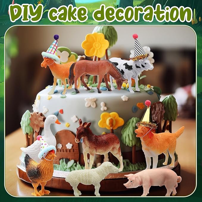 18 Pcs Farm Animal Birthday Party Decorations Mini Birthday Hat Animal Figure Model Cake Toppers with Mini Hat for Birthday Party, Animals Themed Party